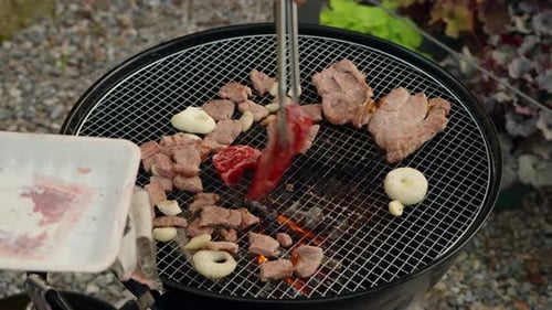 Woman placing a fresh raw marbled beef steak onto a hot charcoal grill