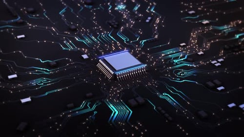 Digital Data Flow on CPU Circuit Board Animation