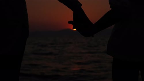 Romantic Couple Holding Hands at Sunset by the Sea