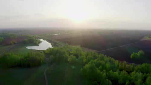 Summer Landscape of Empty Fields and Green Forest Against the Backdrop of a Sunny Cloudy Day Aerial