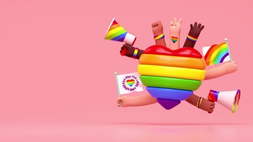 3D Pride Celebration with Diverse Hands and Rainbow Heart