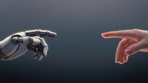 Visualisation du bras d'un robot humanoïde et du bout des doigts humains qui se touchent, du travail d'équipe homme-machine