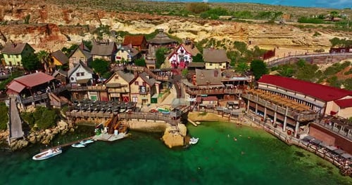 Aerial View of Popeye Village Malta A Theme Park for Tourists Built Movie Set for Popeye 1980 Movie
