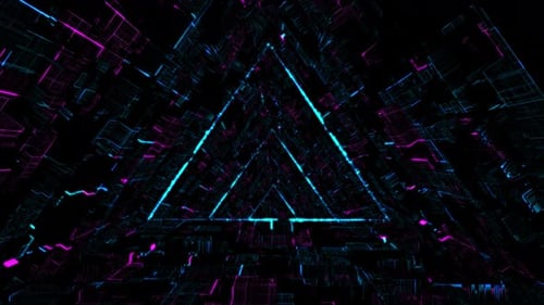 Flying through glowing neon triangle tunnel made of morphing digital patterns