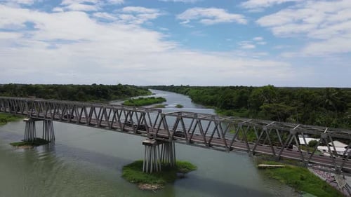 Aerial view Glondong Kretek bridge is a bridge that divides the Opak river in Bantul, Special Region