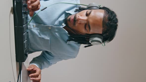 Headphones Man Using Controller Vertical Closeup Music Producer Working ...