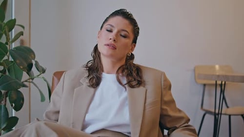 Attractive Lady Sitting Restaurant in Elegant Suit Close Up Young Businesswoman