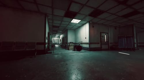 Empty Hospital Corridor with Dim Lighting Creating an Eerie Atmosphere