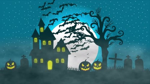 Animated Halloween Haunted House with Bats and Jack-o'-lanterns