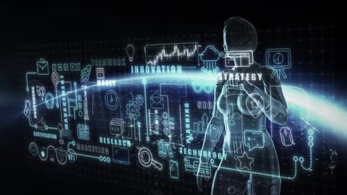 Holographic AI Interface with Business Technology Icons