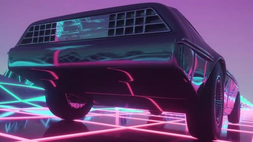 Retro Futuristic Car Driving On Neon Grid Loop