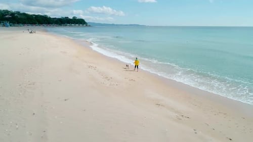 Aerial View of a Young Woman in Yellow Jacket Walking on Beach with Her Dog