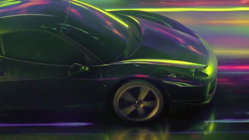 Sleek black sports car speeding through neon-lit night