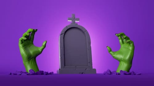 zombie green hands with wiggling fingers in front of the blank gravestone
