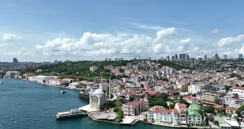 Istanbuler Bosporus-Brücke und Skyline der Stadt im Hintergrund mit türkischer Flagge bei schönem Sonnenuntergang