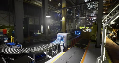 Entrepôt industriel avec système de bande transporteuse fonctionnant pendant les heures du soir