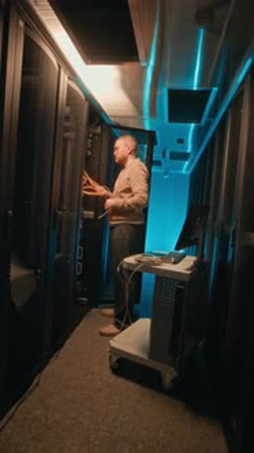 Man Working on Network Cables in Server Room