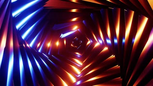 Tunnel mit verdrehten blauen und goldenen Art-Deco-Linien schimmert mit hellen Reflexionen 3D-Renderer