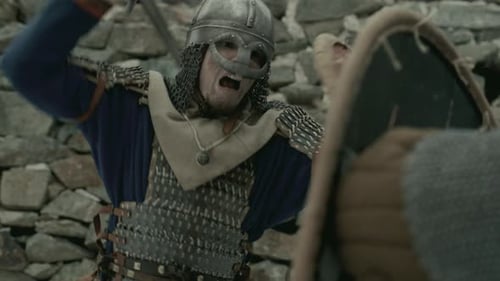 Medieval Soldier Fighting Enemy with Sword and Shield at Stone Fortress