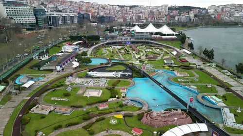 Miniaturk miniature park in Istanbul, long drone fly forward shot