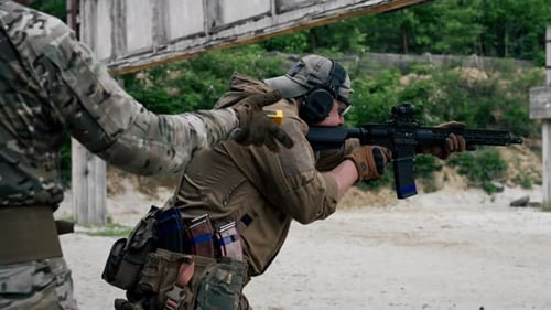 Close Up Military Tactical Strategy Rifle Position for Training on a Professional Shooting Range