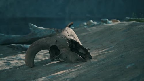 Weathered Animal Skull in Desert Sand with Blowing Wind