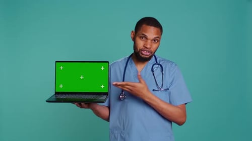 Healthcare Professional Doing Presentation Using Mockup Notebook