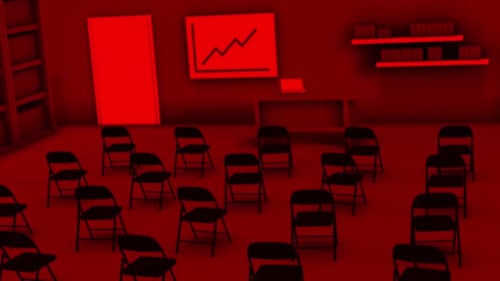 Red-Tinted Conference Room with Graph Presentation