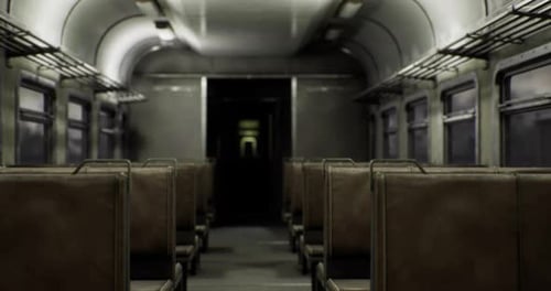 Intérieur de train sombre et abandonné avec des sièges vides dans un environnement abandonné