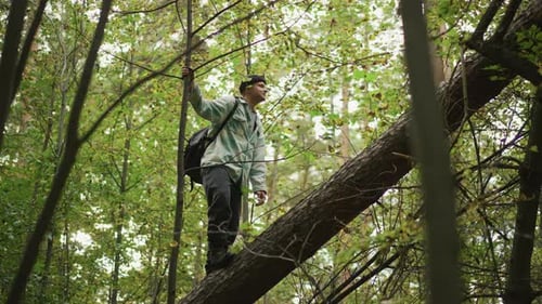 Solo Hiker Balancing on Fallen Log Under Dense Green Canopy Pack on Shoulder Careful Footwork on