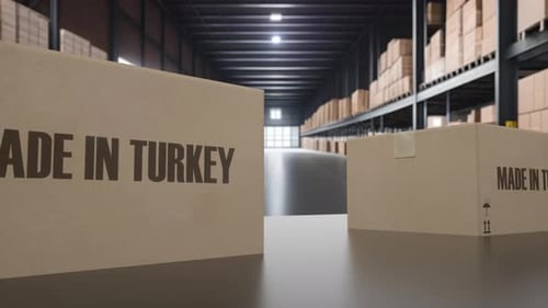 Boxes with MADE IN TURKEY Text on Conveyor Turkish Goods Related Loopable 3D Animation