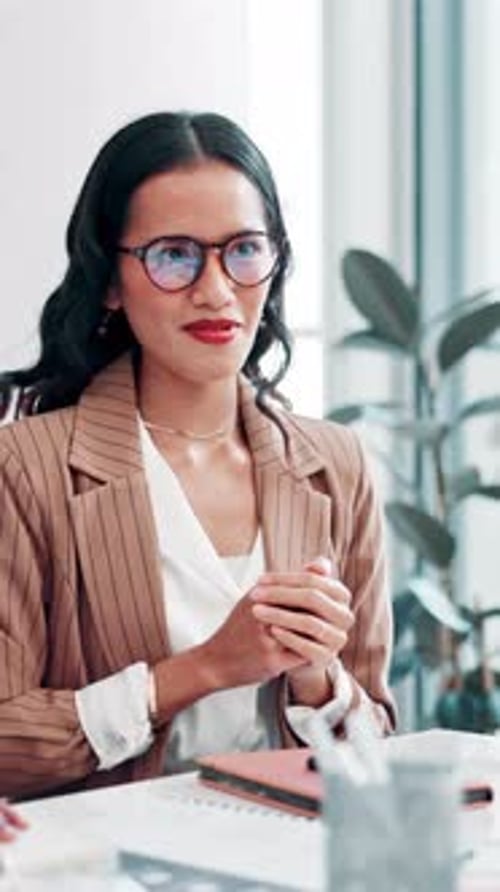 Promotion, handshake and business woman with applause for office, workshop