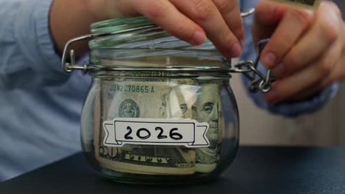 Female Hands Add Money Glass Jar Full of American Currency Dollars Cash Banknote with Text 2026 Year