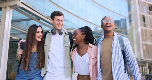 University group, hug and people walking, laugh and happy for scholarship education