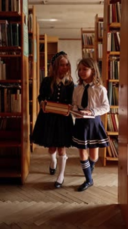 Two Girls in School Uniform with Books in Library Concept of School Education