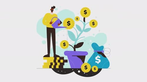 person saving money, money tree, money tree fruits of savings, investing money animation 4k