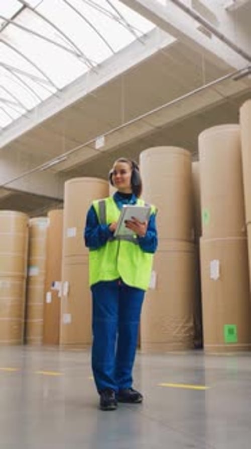 A Female Warehouse Worker at a Paper Mill Factory Plans the Order of Shipment of Finished Large