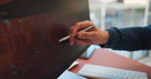Man, hand and code with HTML on computer screen for software development
