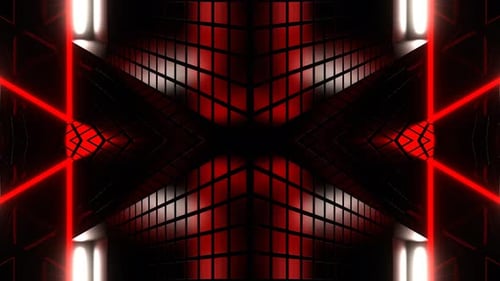 Rot-weißer, verspiegelter Kaleidoskop-Hintergrund mit Neonblitz, VJ Loop In 4K
