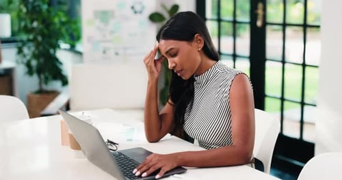 Finance, fatigue or Indian woman in office with headache, brain fog or audit mistake on budget