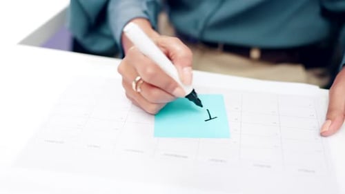 Reminder, writing and person with notes for tax payment, financial paperwork and budget planning