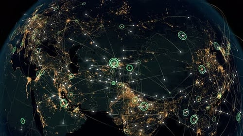 Many Arrows Fly Between Cities. Global Communications Over Asia And Europe. Global Connections