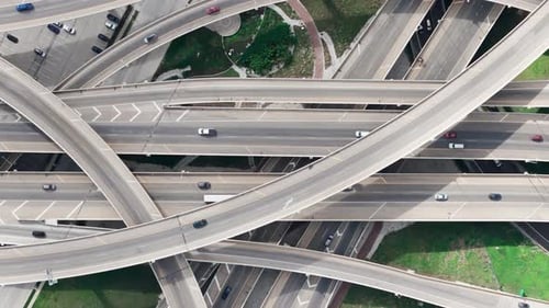 Drone Wide Top Down Shot on Famous Road Intersection with Traffic on Multiple Flyovers