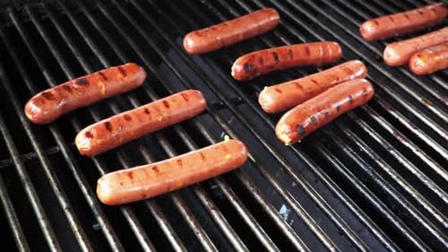 Hotdogs on a grill at a summer cookout.