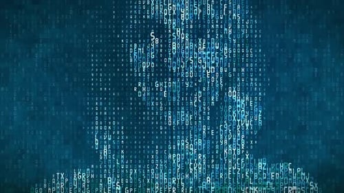 Computer Screen Showing a Hexadecimal Code in the Shape of a Woman Talking Head