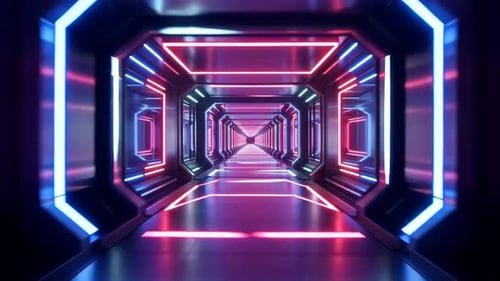 Futuristischer Science-Fiction-Korridor mit Neonlichtern, 3D-Animation