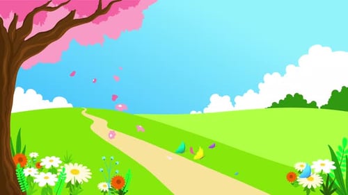 Frühlingslandschaft mit schönen Blumen und fliegenden Schmetterlingen