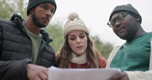 Hiking, forest and lost people with map, documents guide and location information for nature travel