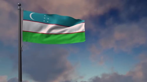 Realistic Waving Uzbekistan Flag on Flagpole Against Cloudy Sky
