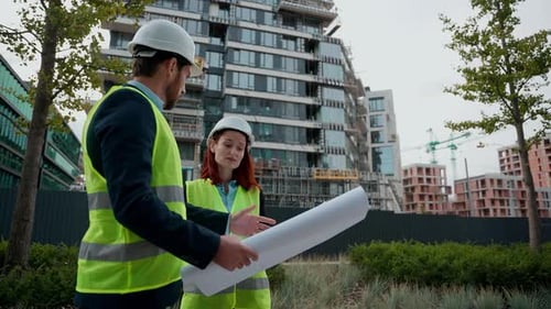 Two Architects Build Workers Caucasian Woman Man Engineers Discuss Plan Building Female Male